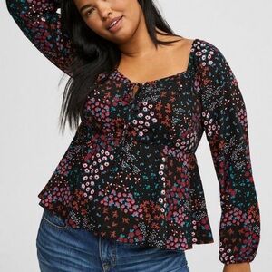 Torrid Black Floral Blouse with Pink and Blue Accents
